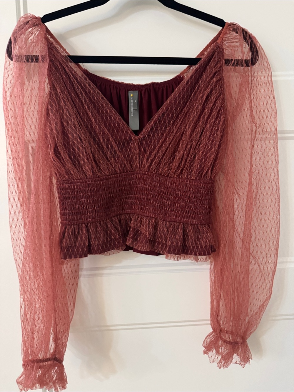 Anthropologie Dusty Rose Smocked Sheer Puff-Sleeve Peplum Blouse